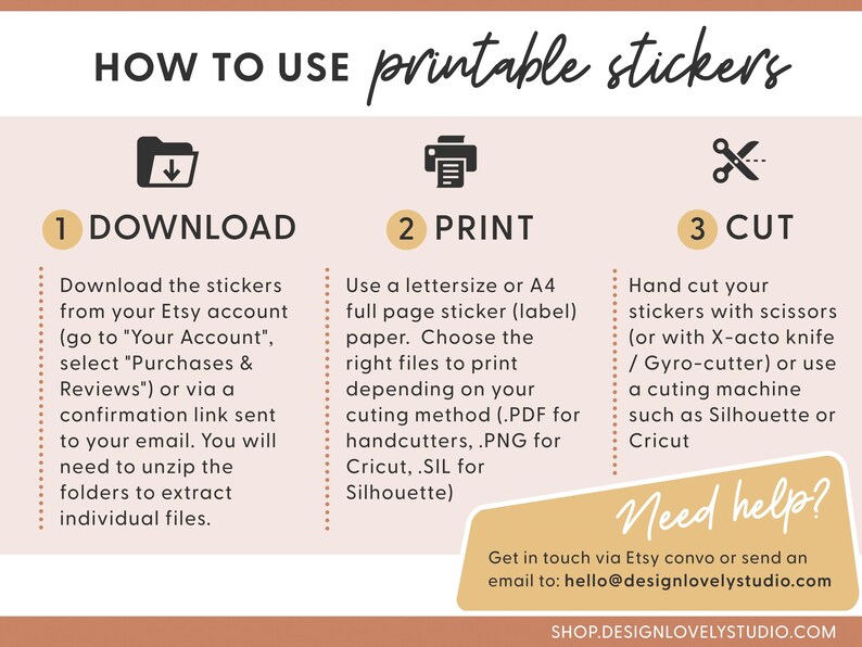 May include: An instructional graphic on how to use printable stickers. The steps include downloading, printing, and cutting. The text provides detailed instructions and mentions Etsy and cutting machines like Cricut.