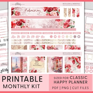 Kit de pegatinas mensuales de febrero, pegatinas del planificador de febrero, pegatinas del planificador imprimibles del día de San Valentín, pegatinas mensuales del planificador feliz, HPMV230