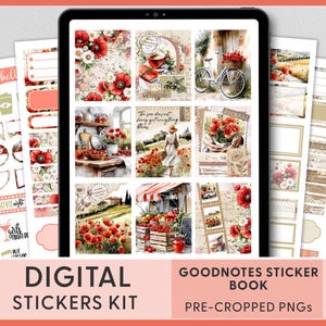 Toskanische Mohnblumen Sommer, Digitale Planner Aufkleber - Pre-Cropped Goodnotes & iPad Kit, Cottagecore Weekly Layout, Rustikal Blumen Italien, DG181