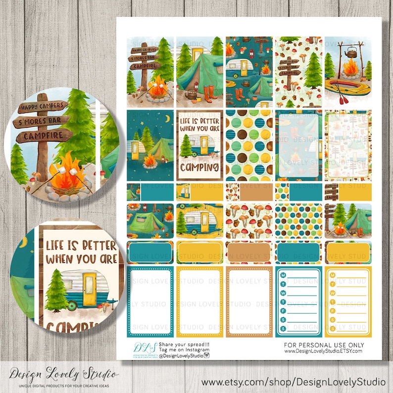 May include: A set of 20 camping themed planner stickers featuring a variety of designs including a camper, a campfire, a tent, and a forest scene. The stickers are in a variety of colors, including green, blue, brown, and yellow. The stickers are perfect for adding a touch of whimsy to your planner.