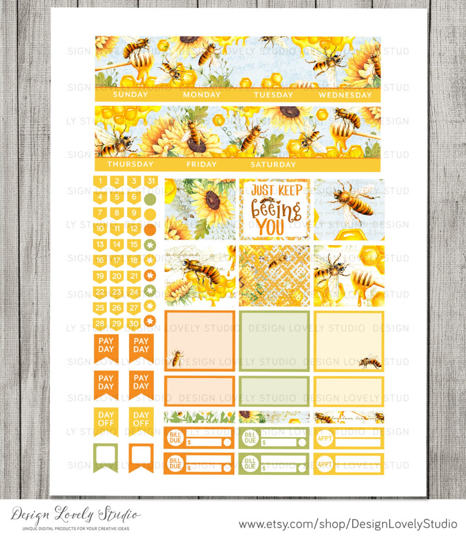PRINTABLE Monthly Planner Stickers Kit, Honey Bee Monthly Planner Kit ...