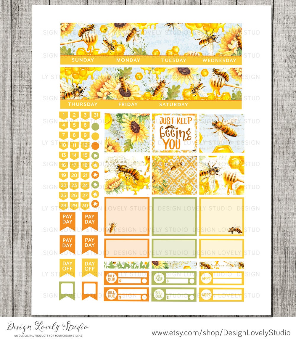 PRINTABLE Monthly Planner Stickers Kit, Honey Bee Monthly Planner Kit ...