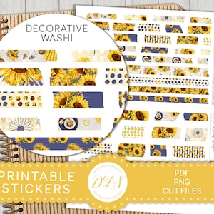 Afdrukbare Washi Tape Stickers, Zonnebloem Planner Stickers, Zomer Planner Stickers, Digitale Washi Strips, Digitale Washi Tape, DS191