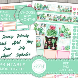 Pegatinas imprimibles del planificador mensual CACTUS, kit clásico de pegatinas mensuales del planificador feliz, pegatinas del planificador mensual suculentas, archivos cortados, HPE134