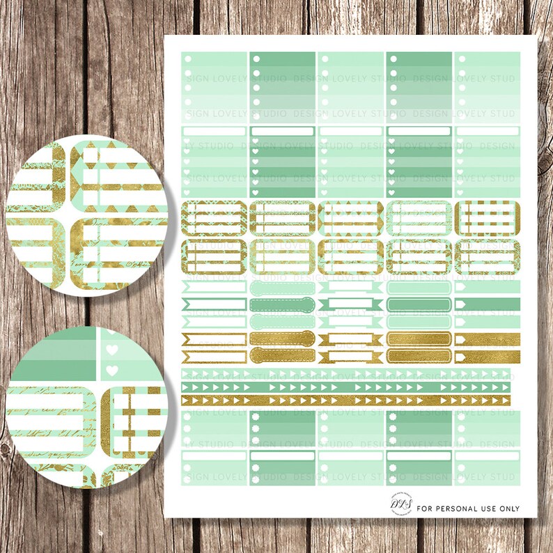 Printable HORIZONTAL Planner Stickers Mint Gold Fits EC Life | Etsy