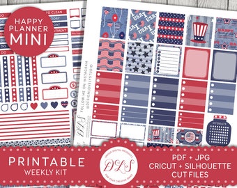 Pode incluir: Adesivos de planejador imprimíveis com um tema patriótico vermelho, branco e azul. Os adesivos apresentam estrelas, listras e um chapéu de desenho animado do Tio Sam. O texto "Happy Planner Mini" aparece na folha de adesivos.