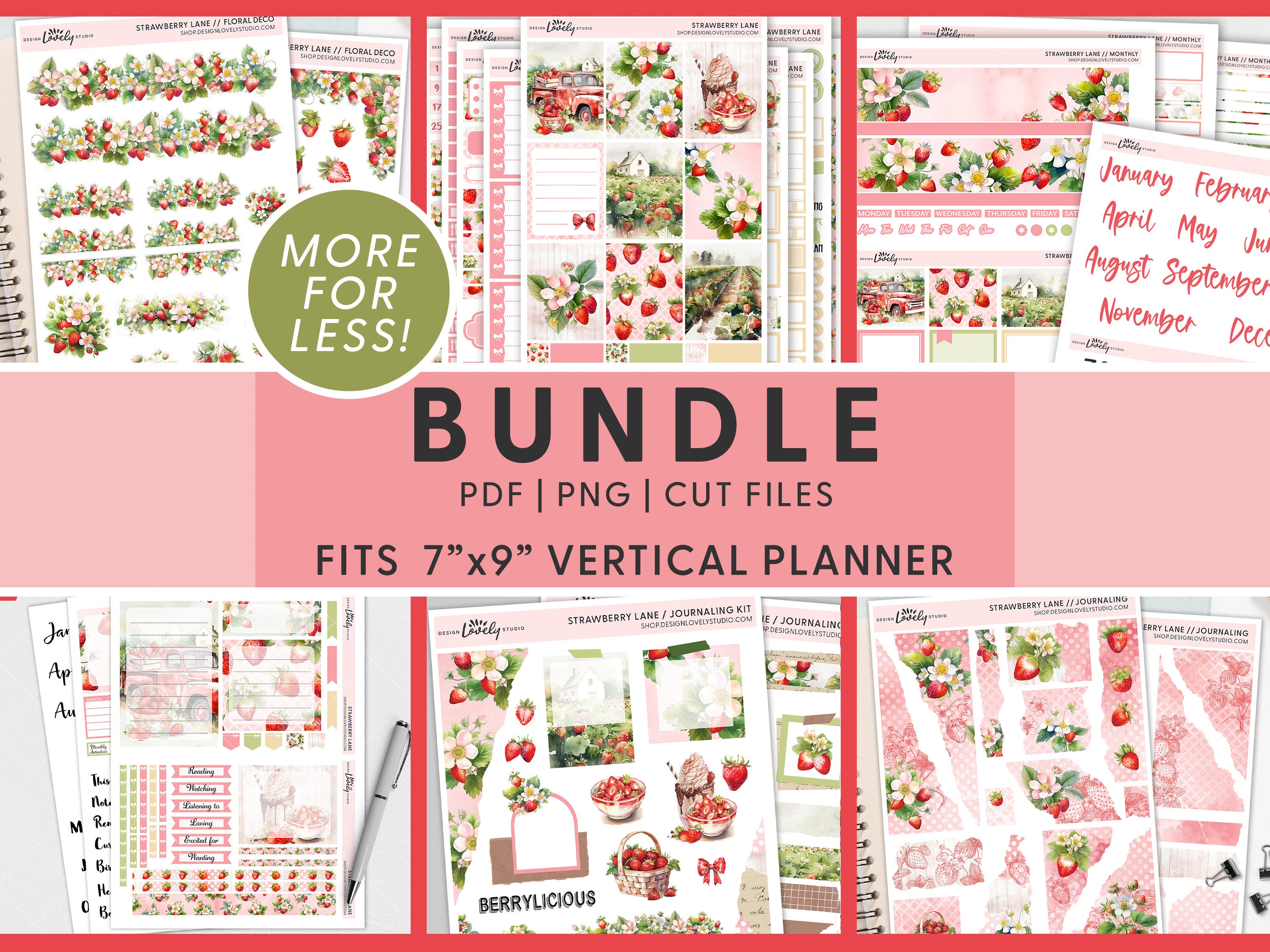 Strawberry Planner Stickers Bundle, Summer, Berries, Monthly Stickers, Weekly Sticker Kit, Journaling Stickers,  Erin Condren, BV118