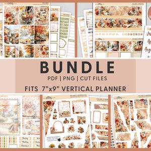 May include: A bundle of planner stickers with a fall theme. The stickers feature floral and foliage designs in warm colors. Text on the image includes "BUNDLE", "PDF | PNG | CUT FILES", and "FITS 7"x9" VERTICAL PLANNER".