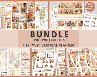 Könnte beinhalten: Ein Paket mit Planer-Stickern zum Thema Herbst. Die Sticker zeigen florale und Blätter-Designs in warmen Farben. Text auf dem Bild enthält "BUNDLE", "PDF | PNG | CUT FILES" und "FITS 17.78cm x 22.86cm VERTICAL PLANNER".