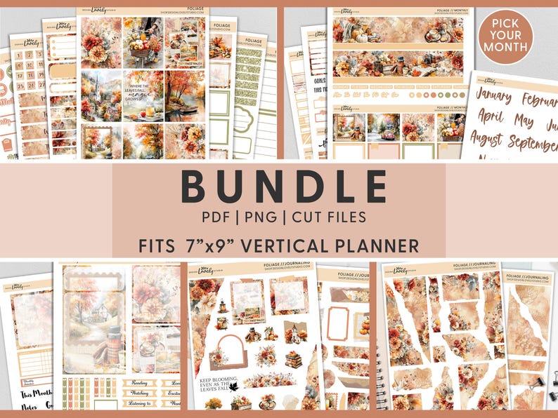 May include: A bundle of planner stickers with a fall theme. The stickers feature floral and foliage designs in warm colors. Text on the image includes "BUNDLE", "PDF | PNG | CUT FILES", and "FITS 7"x9" VERTICAL PLANNER".