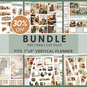 Könnte beinhalten: Ein Paket mit Planer-Stickern zum Thema Herbst. Die Sticker enthalten florale Designs, dekorative Elemente und Kalenderlayouts. Der Text auf dem Bild lautet "30% OFF", "BUNDLE", "PDF | PNG | CUT FILES" und "FITS 7"x9" VERTICAL PLANNER".
