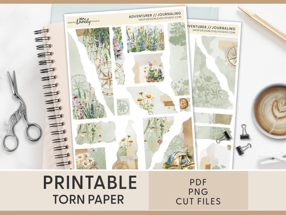Printable Torn Paper Junk Journal Stickers, Ripped Paper Stickers, Floral Stickers, Camping, Spring, Summer, Hiking, Nature, JS139