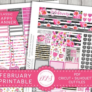 Pegatinas imprimibles de Happy Planner de febrero, kit mensual de febrero, imprimibles de planificador de San Valentín, pegatinas de planificador de silueta, HPMV139