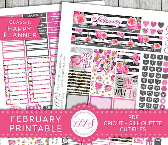 February Happy Planner Printable Stickers, February Monthly Kit, Valentine's Planner Printables, Silhouette Planner Stickers, HPMV139