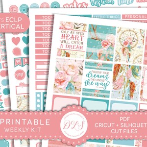 K&ouml;nnte beinhalten: Druckbare Wochenplaner-Aufkleber in einem rosa-t&uuml;rkisen Farbschema. Die Aufkleber zeigen Blumenmuster, Traumf&auml;nger und inspirierende Zitate wie "Only an open heart will catch a dream" und "Follow your dreams they know the way".
