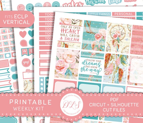 Boho Planner Stickers, Dreamcatcher Planner Stickers, Printable Weekly Kit, Erin Condren Vertical Printable, ECLP Weekly Kit, Cutfile, VS151
