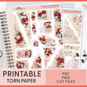 Adesivi di carta strappata con papaveri toscani – Carta strappata stampabile con papaveri per journaling, scrapbooking e decorazioni rustiche per planner, JS229