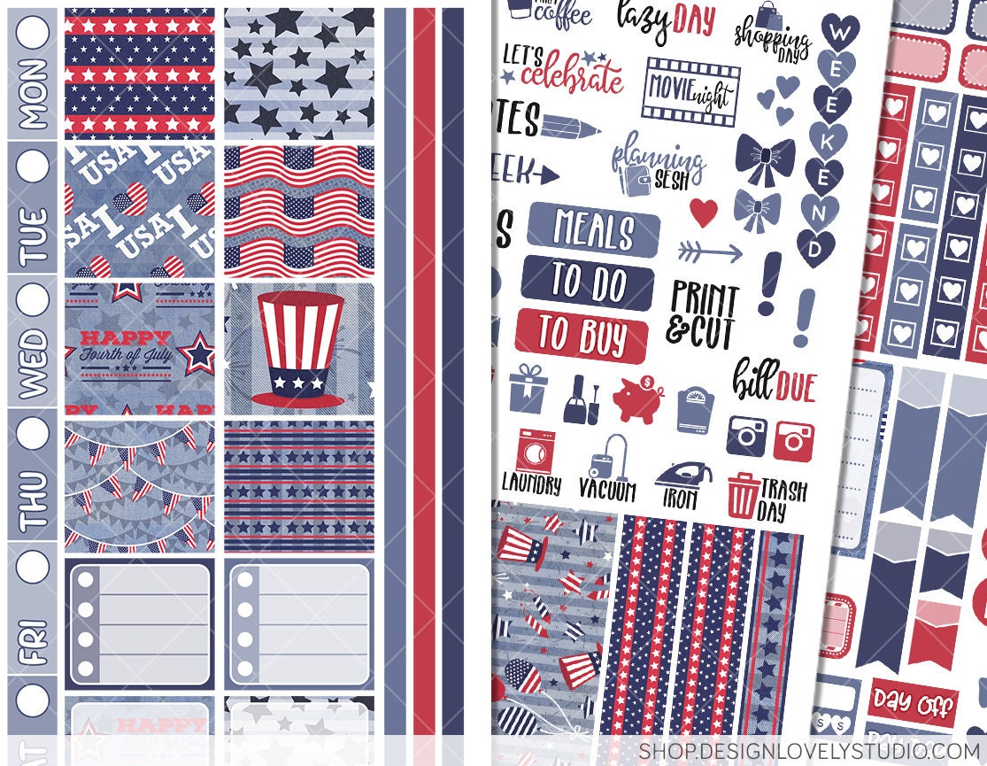 PRINTABLE 4th of July Planner Stickers Kit, Printable HOBONICHI Weeks ...