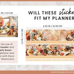 May include: Planner stickers with fall-themed illustrations. The image includes a stamp-like design with a house and trees, and a banner with pumpkins, flowers, and coffee. Dimensions are provided in inches and centimeters.