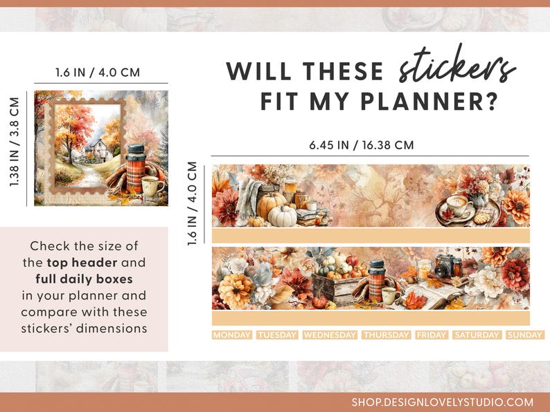 May include: Planner stickers with fall-themed illustrations. The image includes a stamp-like design with a house and trees, and a banner with pumpkins, flowers, and coffee. Dimensions are provided in inches and centimeters.
