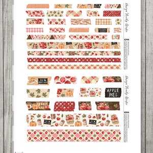 May include: Printable digital paper pack with 24 different designs featuring autumn and fall themes. The designs include pumpkins, apples, leaves, plaid patterns, and jars of apple cider. The designs are perfect for creating planners, journals, cards, and other crafts.