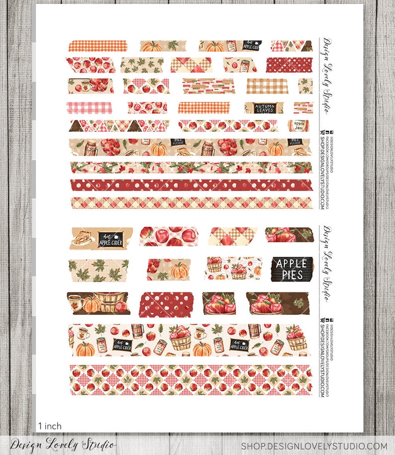 May include: Printable digital paper pack with 24 different designs featuring autumn and fall themes. The designs include pumpkins, apples, leaves, plaid patterns, and jars of apple cider. The designs are perfect for creating planners, journals, cards, and other crafts.