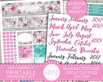 Peut inclure: Kit de planificateur mensuel imprimable avec des motifs floraux en rose et turquoise. Le kit comprend un calendrier, des pages mensuelles et des autocollants. Le texte "Choisissez n'importe quel mois !" est écrit en rose sur fond blanc.