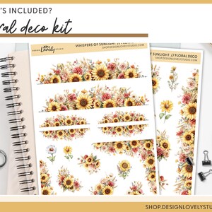 May include: A floral deco kit with sunflower and floral designs. The kit includes sticker sheets, with the text "WHISPERS OF SUNLIGHT" and "SUNLIGHT // FLORAL DECO". A notebook, scissors, and a cup of coffee are also visible.