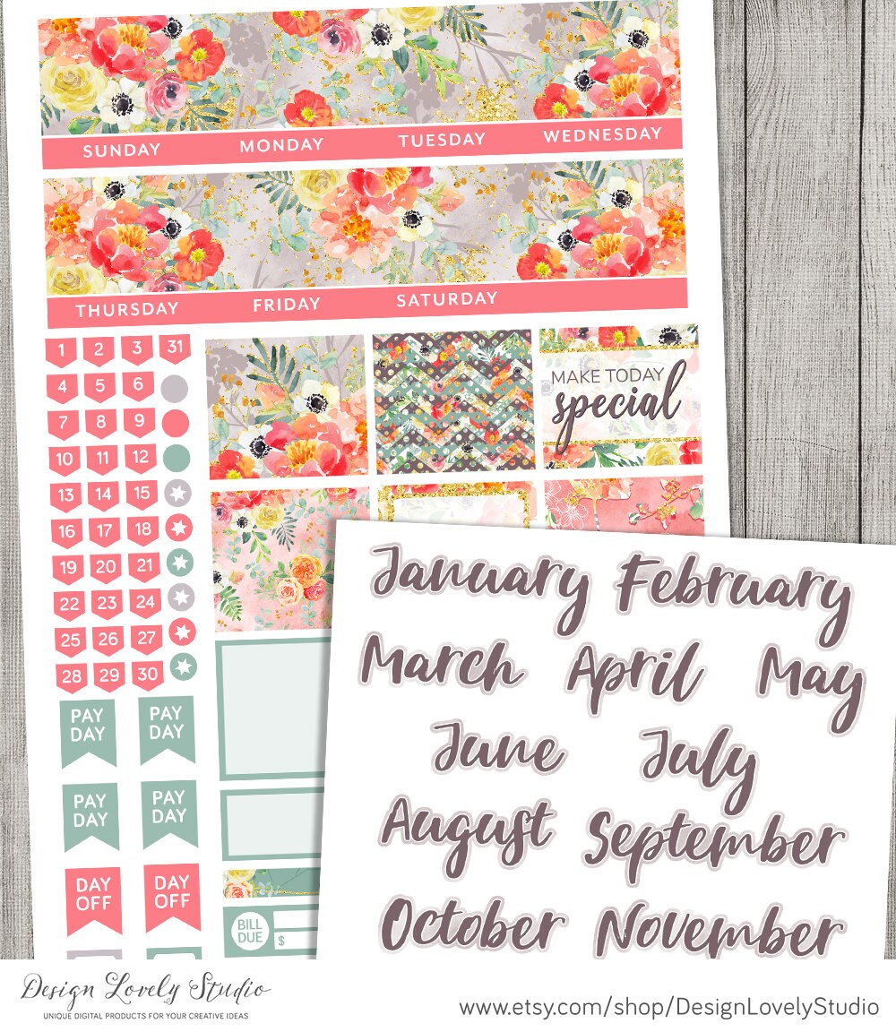 PRINTABLE Floral Monthly Planner Stickers, for Erin Condren Life ...