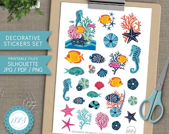Decorative Stickers Underwater Fish Seahorse Coral Reef Starfish Seashell Urchin Printable Planner Accessories Silhouette Cut File DS103