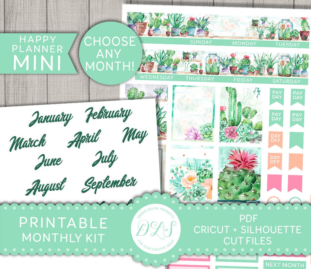 PRINTABLE Monthly Planner Stickers, Cactus Planner Stickers, Mini Happy ...