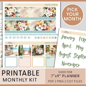 Tropical Monthly Sticker Kit – June July August Printable Planner Stickers for Erin Condren Life Planner, Beach & Poolside Theme, MV271