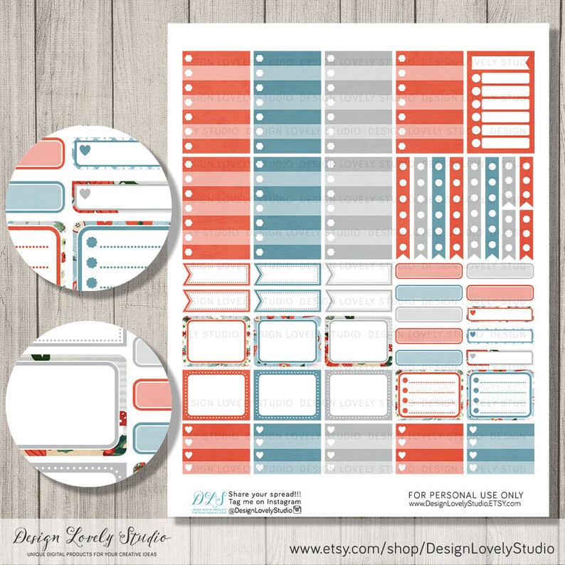 May include: A set of printable planner stickers featuring floral designs in shades of blue, pink, and gray. The stickers include various shapes, sizes, and designs, including boxes, circles, hearts, and arrows. The stickers are perfect for adding a touch of whimsy and organization to your planner.