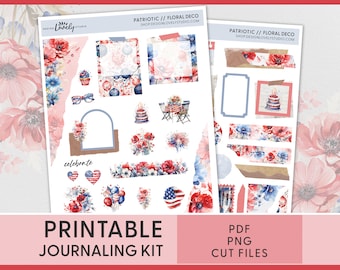 Patriotic Journaling Sticker Kit, 4th of July, Deco Stickers, Planner Stickers, Printable Journaling Stickers, Floral, Red, Blue, JS152