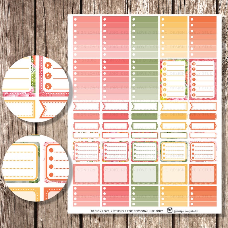 May include: A set of colorful floral patterned planner stickers with various shapes and sizes. The stickers include boxes, banners, circles, and lines. The stickers are perfect for organizing and decorating planners, journals, and notebooks.
