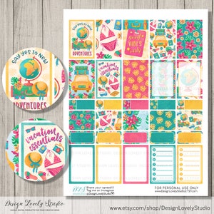 May include: A set of 16 colorful planner stickers with a tropical vacation theme. The stickers feature illustrations of suitcases, palm trees, sunglasses, and the text "Say yes to new adventures" and "Vacation essentials".