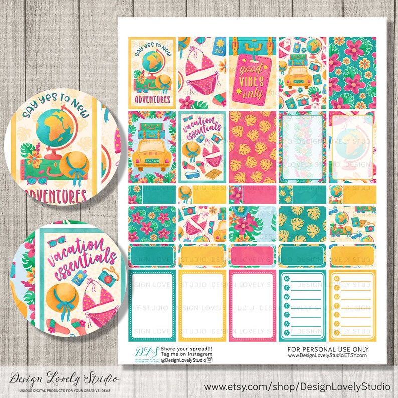 May include: A set of 16 colorful planner stickers with a tropical vacation theme. The stickers feature illustrations of suitcases, palm trees, sunglasses, and the text "Say yes to new adventures" and "Vacation essentials".