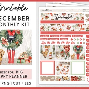 December maandelijkse planner stickers, grote gelukkige planner stickers kit, winter planner stickers kit, afdrukbare planner stickers, BM214