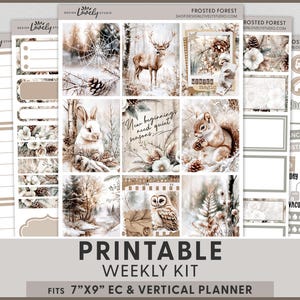 May include: Printable weekly kit with a frosted forest theme. The kit includes various planner stickers and decorative elements. The design features illustrations of a deer, rabbit, squirrel, and owl, along with text that reads "New beginnings need quiet seasons". Fits 7"x9" EC & vertical planner.