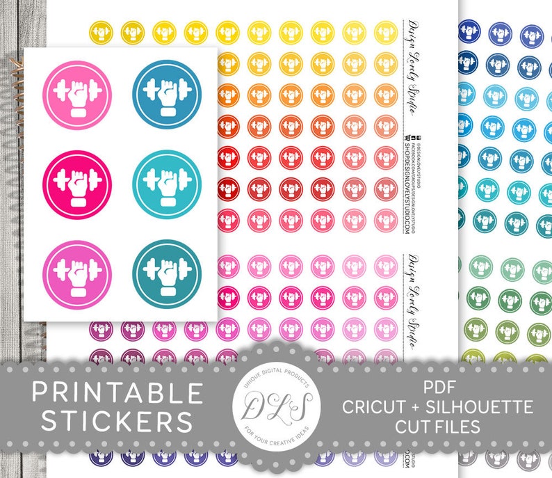 May include: Printable sticker sheet with a dumbbell icon in various colors. The sheet includes 96 stickers in total, with 8 different color variations of the dumbbell icon. The text "Printable Stickers" and "PDF Cricut + Silhouette Cut Files" is included on the sheet.
