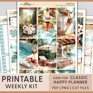 Kit de pegatinas semanales tropicales: pegatinas imprimibles de verano para Happy Planner, estilo resort, ambiente costero y de plumeria, océano, piscina, HP276