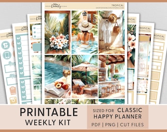 Wöchentliches Tropisches Aufkleber-Kit - druckbare Sommeraufkleber für fröhlichen Planer,Resort-Stil, Plumeria- und Küstenvibes, Ozean, Pool, HP276