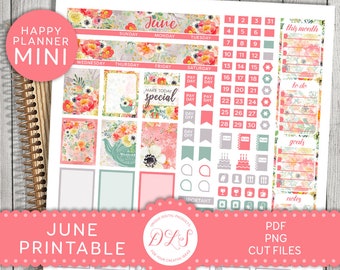 JUNE Monthly Planner Stickers, Printable Planner Stickers, Mini Happy Planner Monthly Kit, Floral Planner Stickers, Cut Files, MM190