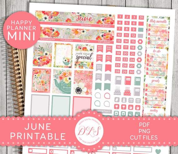 JUNE Monthly Planner Stickers, Printable Planner Stickers, Mini Happy Planner  Monthly Kit, Floral Planner Stickers, Cut Files, MM190 
