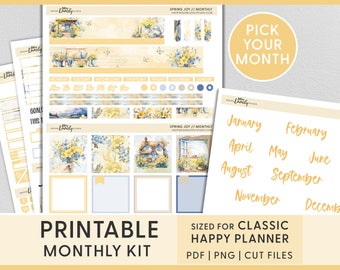 May Planner Stickers, April Planner Stickers, Printable Floral Planner Stickers, Happy Planner Monthly Stickers, Yellow, Blue, HPMV244