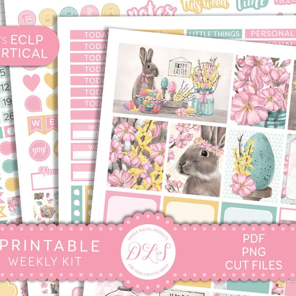 Easter Planner Stickers Printable, Easter Weekly Stickers Kit, Bunny Easter Stickers, Pastel Easter Stickers, ECLP Vertical Stickers, VS165