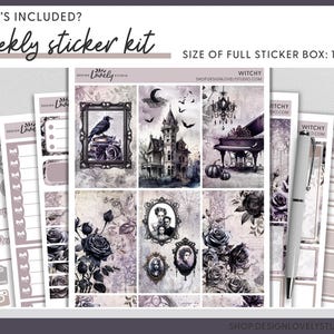 May include: A weekly sticker kit with a witchy theme. The kit includes a variety of stickers featuring a haunted house, a piano, roses, and a raven. The stickers are designed in a dark and moody color palette with shades of purple, black, and white. The sticker kit is 1.5 inches by 2.5 inches.