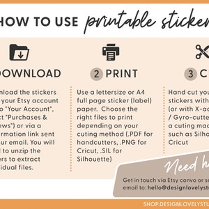 May include: A three-step guide on how to use printable stickers. The steps are download, print, and cut. The image includes icons for each step and instructions for each step. The instructions include information about downloading from Etsy, printing on A4 or letter-sized paper, and cutting with scissors or a cutting machine.
