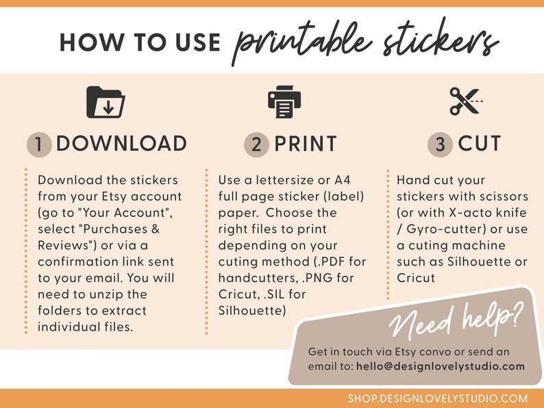 May include: A three-step guide on how to use printable stickers. The steps are download, print, and cut. The image includes icons for each step and instructions for each step. The instructions include information about downloading from Etsy, printing on A4 or letter-sized paper, and cutting with scissors or a cutting machine.