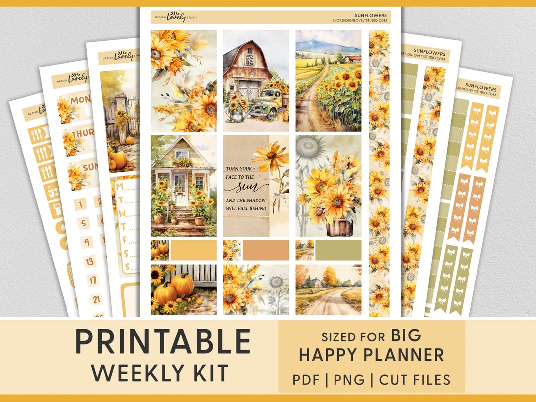 Printable Sunflower Weekly Stickers, Big Happy Planner, Printable